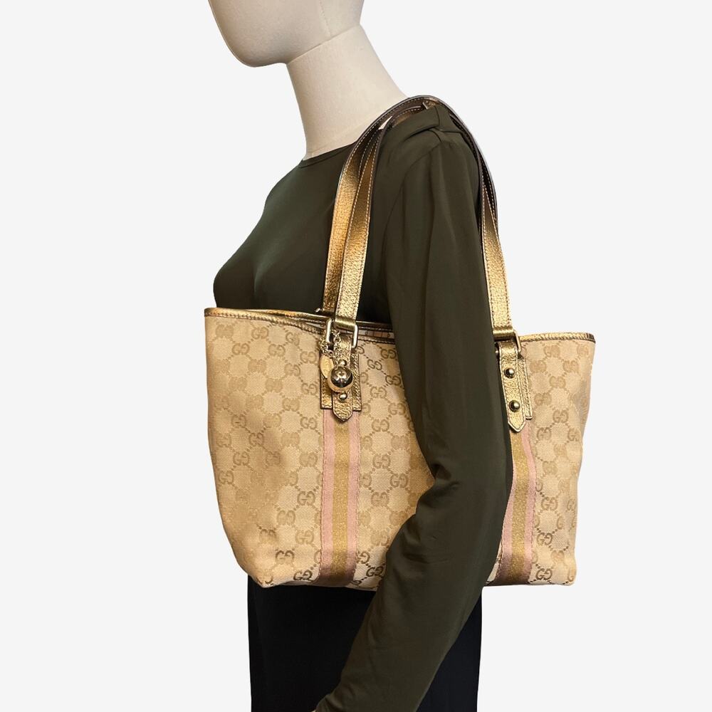 Gucci Jolicoeur GG Canvas Gold Leather Trim Tote Shoulder With Charm Cards Italy - Picture 15 of 15